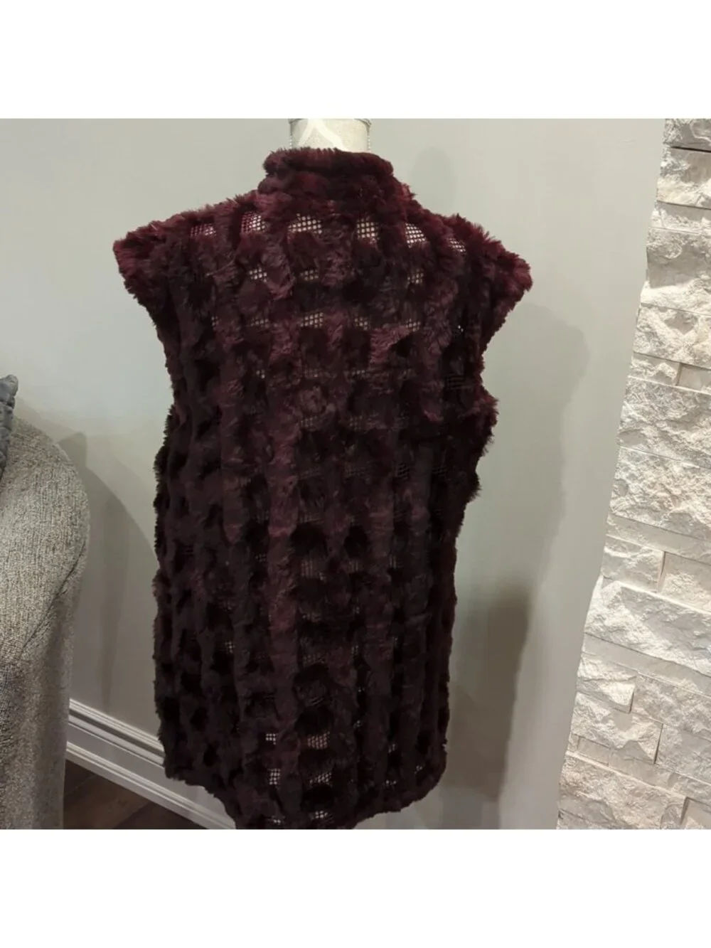 Burgundy/Wine color rabbit Fur vest with mesh